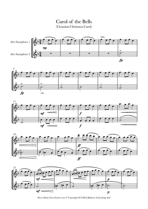 Carol Of The Bells (Ukrainian Bell Carol) - For Saxophone Quartet